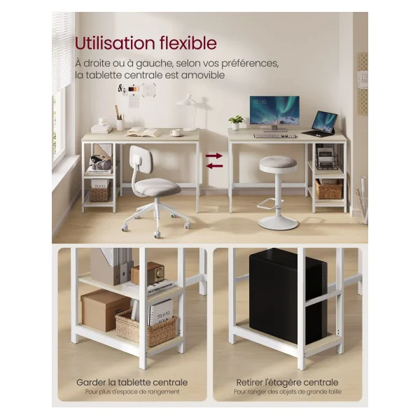 Bureau avec Rangement Beige et Blanc 120x60 cm Bureau Informatique Industriel Table de Travail