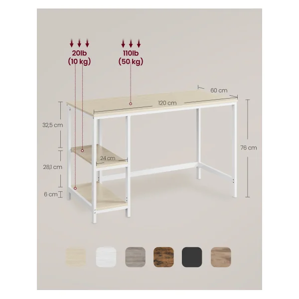 Bureau avec Rangement Beige et Blanc 120x60 cm Bureau Informatique Industriel Table de Travail