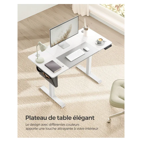 Bureau Blanc 60x120 cm Assis Debout Électrique Table Réglable en Hauteur Mémoire