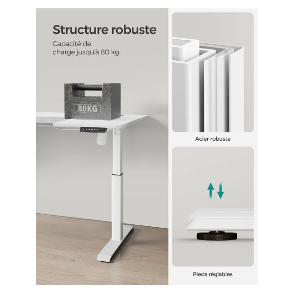 Bureau Blanc 60x120 cm Assis Debout Électrique Table Réglable en Hauteur Mémoire