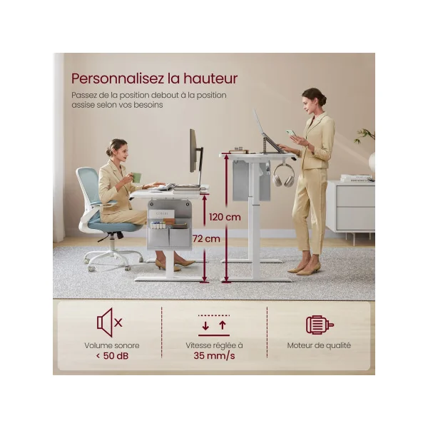 Bureau Blanc Assis-Debout Électrique Réglable 60 x 140 x (72-120) cm
