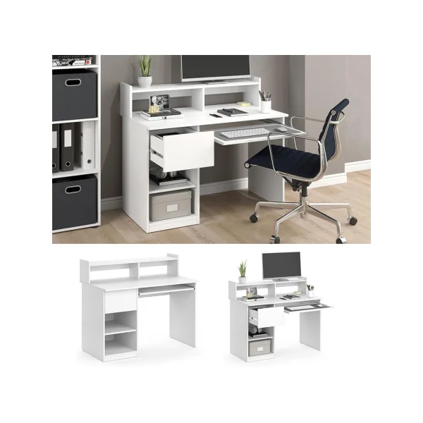 Bureau Blanc Spacieux avec 1 Tiroir Bureau de Travail avec Rangements
