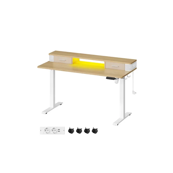 Bureau Chêne et Blanc Electrique Réglable en Hauteur 140x60x(72-120) cm