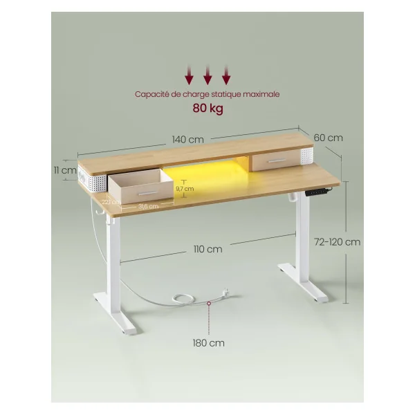 Bureau Chêne et Blanc Electrique Réglable en Hauteur 140x60x(72-120) cm