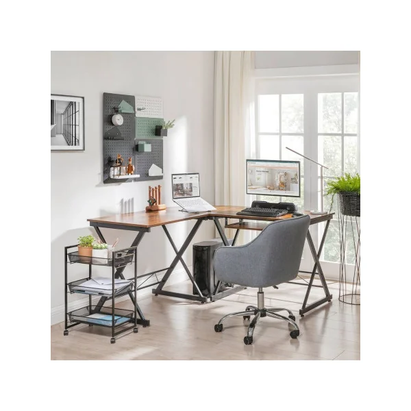 Bureau d'Angle Industriel Bureau en L Marron Rustique Table Informatique Travail Ordinateur