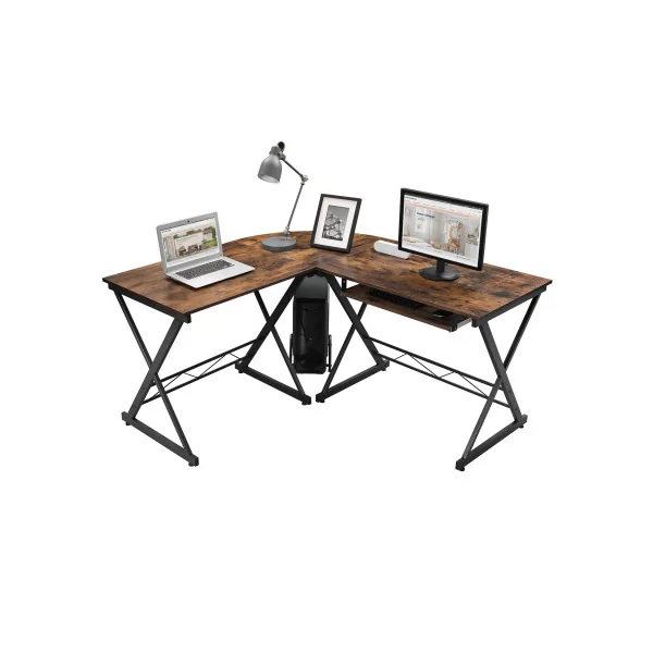 Bureau d'Angle Industriel Bureau en L Marron Rustique Table Informatique Travail Ordinateur