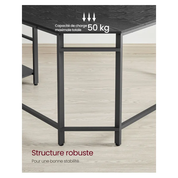 Bureau d'Angle Noir Boisé, Bureau Gamer Poste de Travail avec 2 Étagères Table de Travail Industrielle
