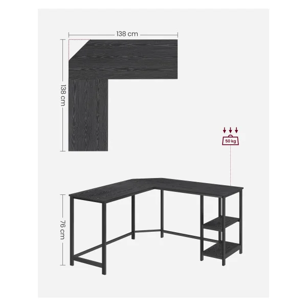 Bureau d'Angle Noir Boisé, Bureau Gamer Poste de Travail avec 2 Étagères Table de Travail Industrielle