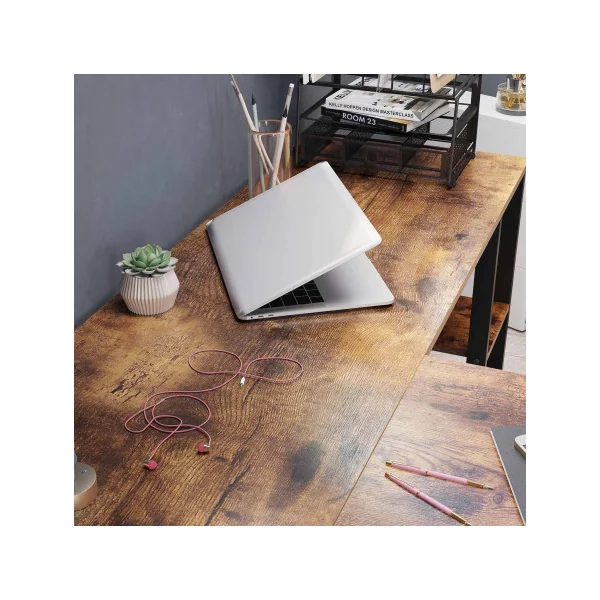 Bureau d'Angle Noir Brun Rustique Table en Forme L avec Caisson à Dossiers
