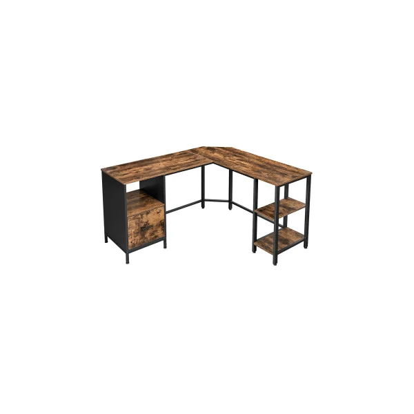 Bureau d'Angle Noir Brun Rustique Table en Forme L avec Caisson à Dossiers