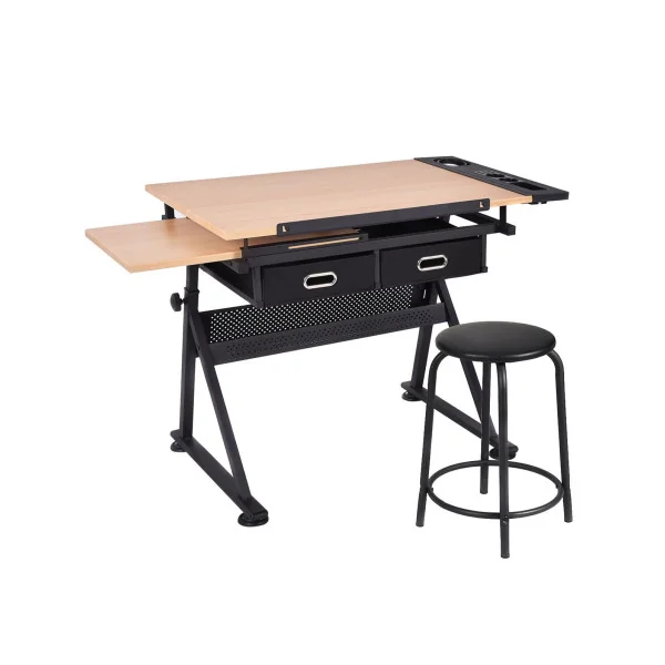 Bureau Dessin Multifonctionnel Table à Dessin Inclinable 2 Tiroirs avec Tabouret