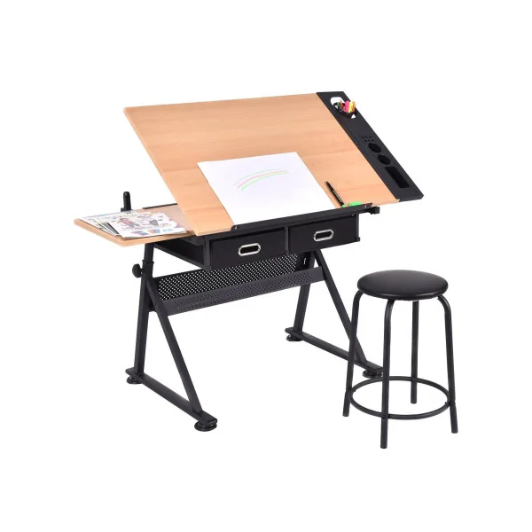 Bureau Dessin Multifonctionnel Table à Dessin Inclinable 2 Tiroirs avec Tabouret