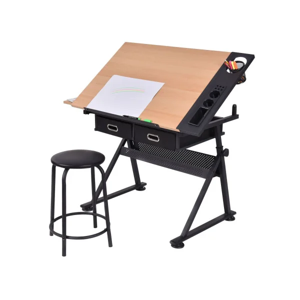 Bureau Dessin Multifonctionnel Table à Dessin Inclinable 2 Tiroirs avec Tabouret