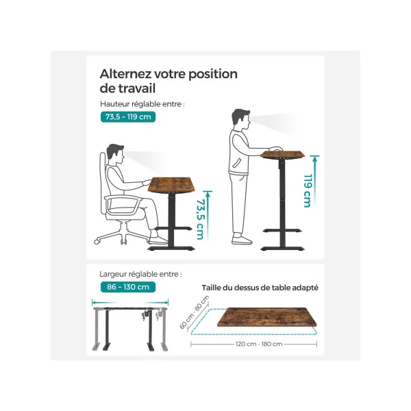 Bureau Electrique 120 cm Brun Rustique Noir Assis Debout Réglable en Hauteur
