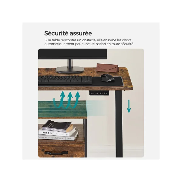 Bureau Electrique 120 cm Brun Rustique Noir Assis Debout Réglable en Hauteur