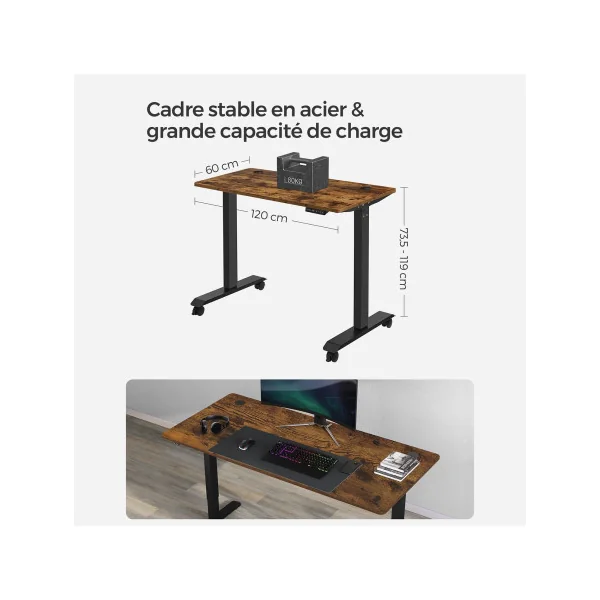 Bureau Electrique 120 cm Brun Rustique Noir Assis Debout Réglable en Hauteur