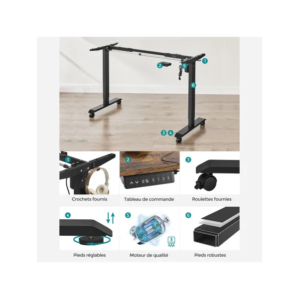 Bureau Electrique 120 cm Brun Rustique Noir Assis Debout Réglable en Hauteur