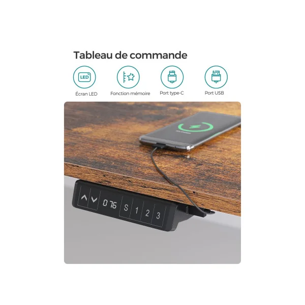 Bureau Electrique 140x70 cm Industriel Bureau Assis-Debout Mémorisable Marron Rustique Noir