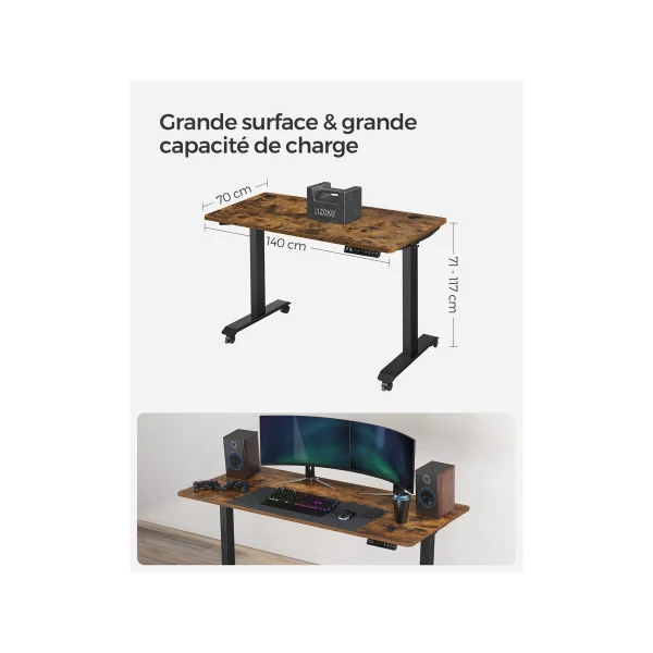Bureau Electrique 140x70 cm Industriel Réglable en Hauteur Bureau Assis-Debout Fonction Mémoire