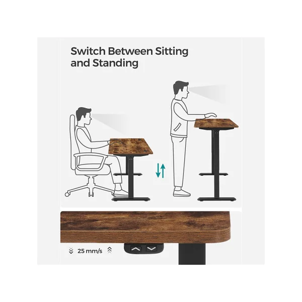 Bureau Electrique Assis-Debout 140 cm Réglable en Hauteur Marron rustique et Noir