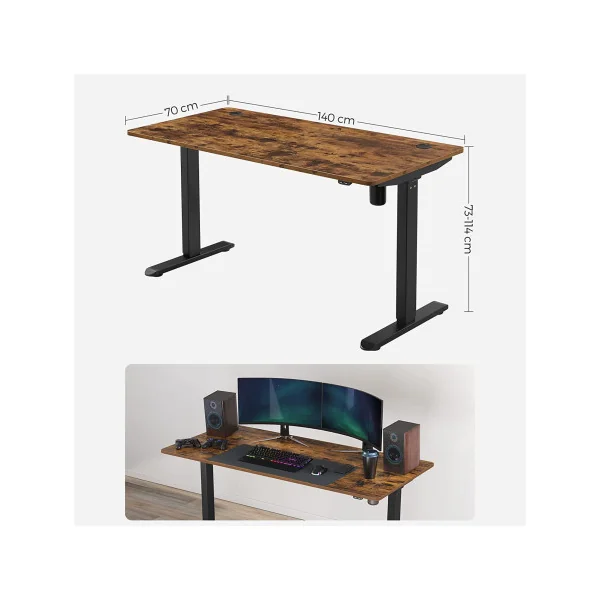 Bureau Electrique Assis-Debout 140 cm Réglable en Hauteur Marron rustique et Noir