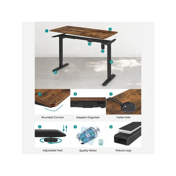 Bureau Electrique Assis-Debout 140 cm Réglable en Hauteur Marron rustique et Noir