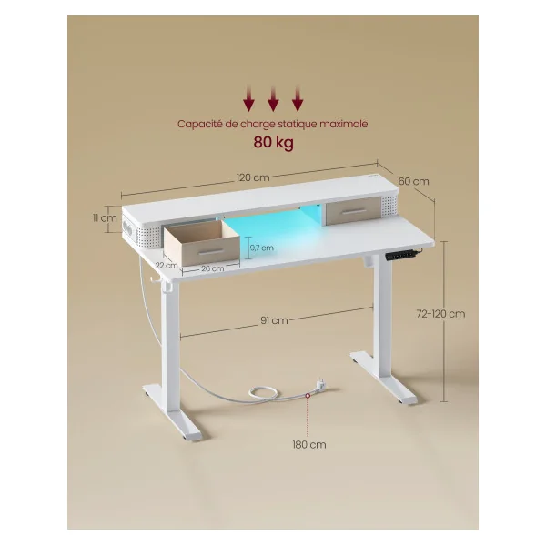 Bureau Electrique Assis-Debout Réglable avec LED 120 x 60 x (72-120) Blanc Nuage