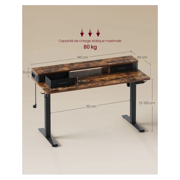 Bureau Electrique Assis-Debout Réglable avec LED 140 x 60 x (72-120) Marron Rustique