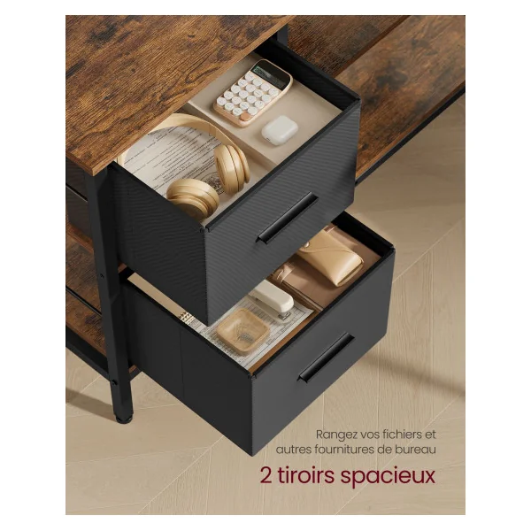Bureau en Forme de L avec 2 Tiroirs Spacieux Marron Rustique Bureau Gaming avec Support pour Écran