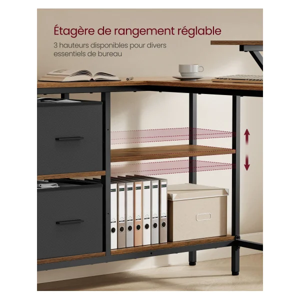 Bureau en Forme de L avec 2 Tiroirs Spacieux Marron Rustique Bureau Gaming avec Support pour Écran