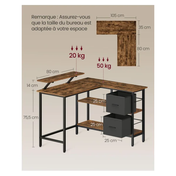 Bureau en Forme de L avec 2 Tiroirs Spacieux Marron Rustique Bureau Gaming avec Support pour Écran
