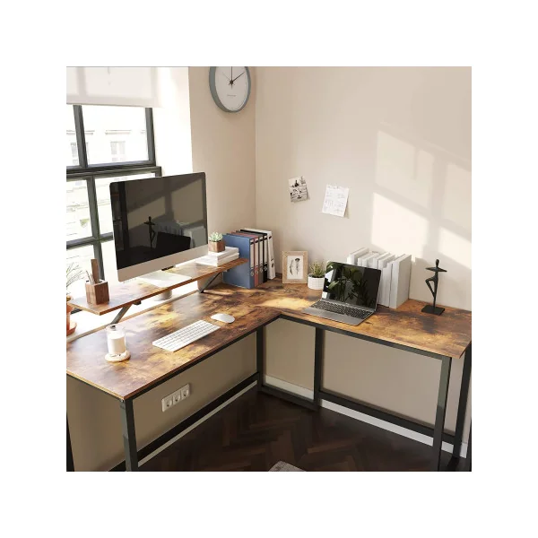 Bureau en Forme de L Table d’Angle avec Support d’Ecran Marron Rustique