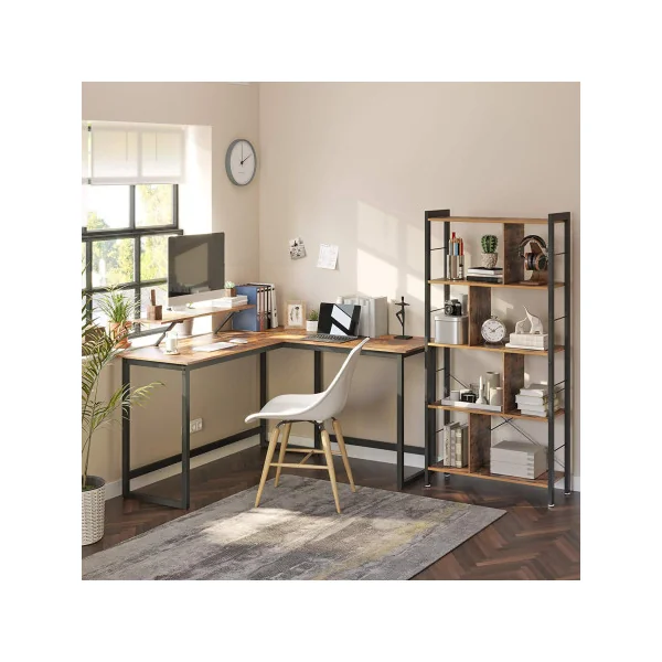 Bureau en Forme de L Table d’Angle avec Support d’Ecran Marron Rustique