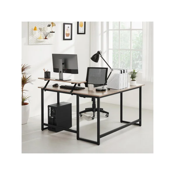 Bureau en L Grège Bureau d'Angle avec Support d’écran Table de Travail Industrielle