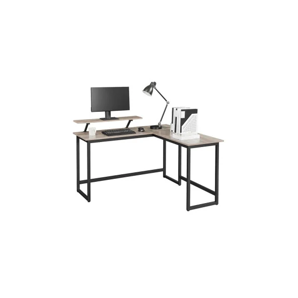 Bureau en L Grège Bureau d'Angle avec Support d’écran Table de Travail Industrielle