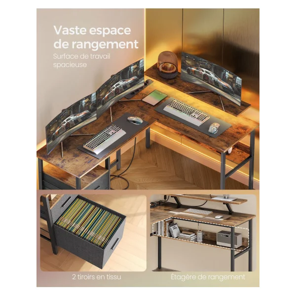 Bureau en L LED avec Multiprise avec Rehausseur d’Ecran Marron Rustique Bureau Informatique avec Rehausseur d’Écran