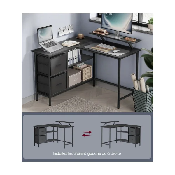 Bureau en L Noir Boisé avec 2 Tiroirs Bureau en Angle Bureau Gaming avec Support pour Écran