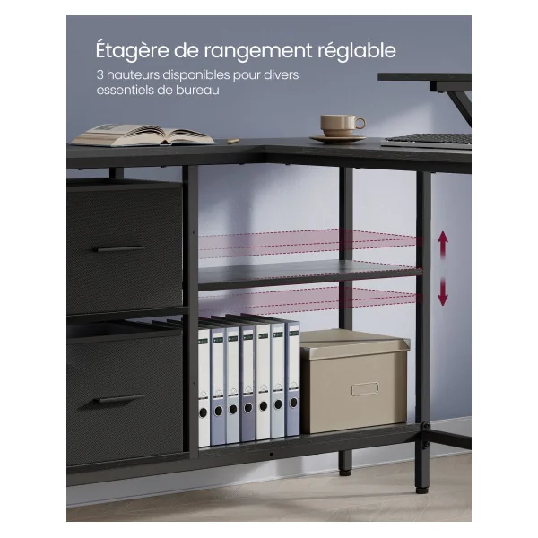 Bureau en L Noir Boisé avec 2 Tiroirs Bureau en Angle Bureau Gaming avec Support pour Écran
