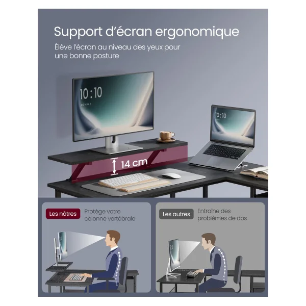 Bureau en L Noir Boisé avec 2 Tiroirs Bureau en Angle Bureau Gaming avec Support pour Écran