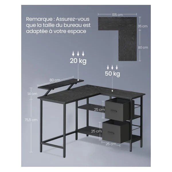 Bureau en L Noir Boisé avec 2 Tiroirs Bureau en Angle Bureau Gaming avec Support pour Écran