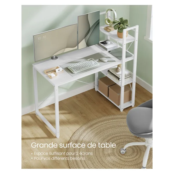 Bureau en Métal Blanc avec Etagères Réversible à Gauche ou à Droite 120 cm Table de Travail Informatique