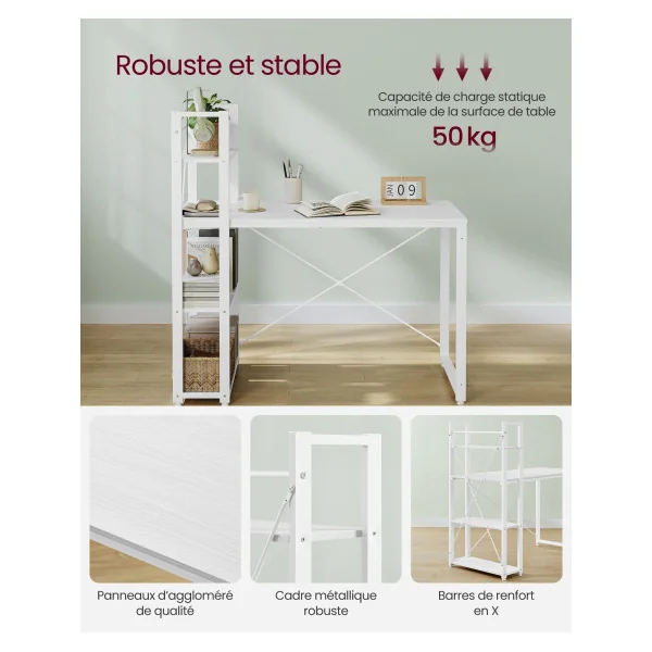 Bureau en Métal Blanc avec Etagères Réversible à Gauche ou à Droite 120 cm Table de Travail Informatique