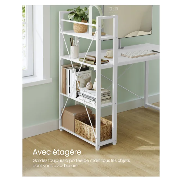 Bureau en Métal Blanc avec Etagères Réversible à Gauche ou à Droite 120 cm Table de Travail Informatique