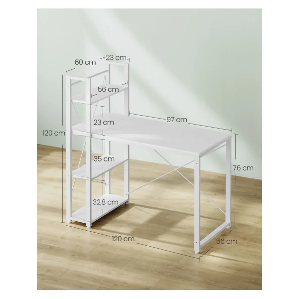 Bureau en Métal Blanc avec Etagères Réversible à Gauche ou à Droite 120 cm Table de Travail Informatique