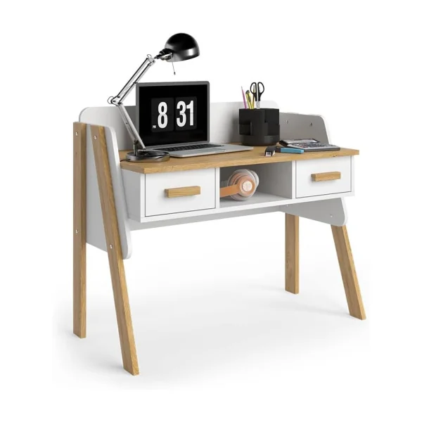Bureau Enfant Blanc et Chêne Moderne 2 Tiroir Table de Travail Enfant