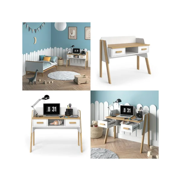 Bureau Enfant Blanc et Chêne Moderne 2 Tiroir Table de Travail Enfant