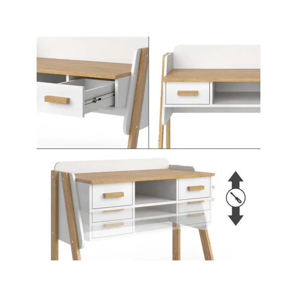 Bureau Enfant Blanc et Chêne Moderne 2 Tiroir Table de Travail Enfant