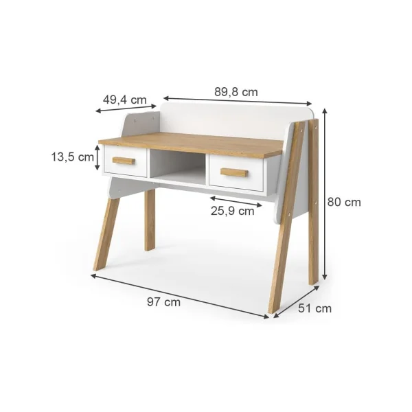 Bureau Enfant Blanc et Chêne Moderne 2 Tiroir Table de Travail Enfant