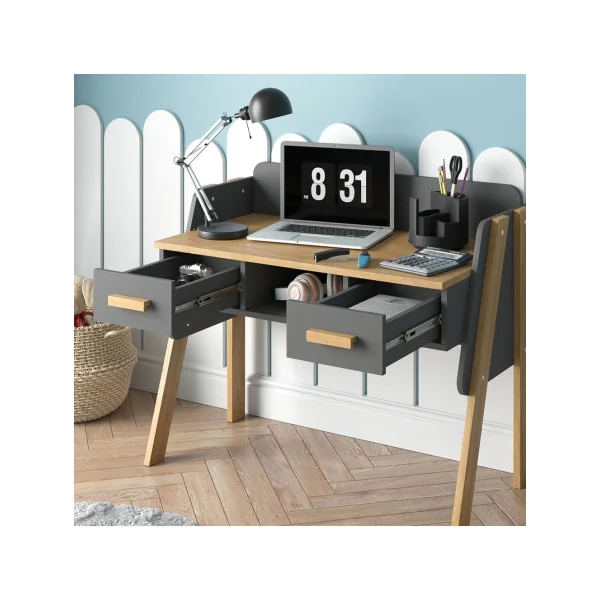 Bureau Enfant Gris et Chêne Moderne 2 Tiroir Table de Travail Enfant