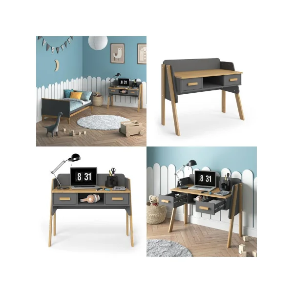 Bureau Enfant Gris et Chêne Moderne 2 Tiroir Table de Travail Enfant
